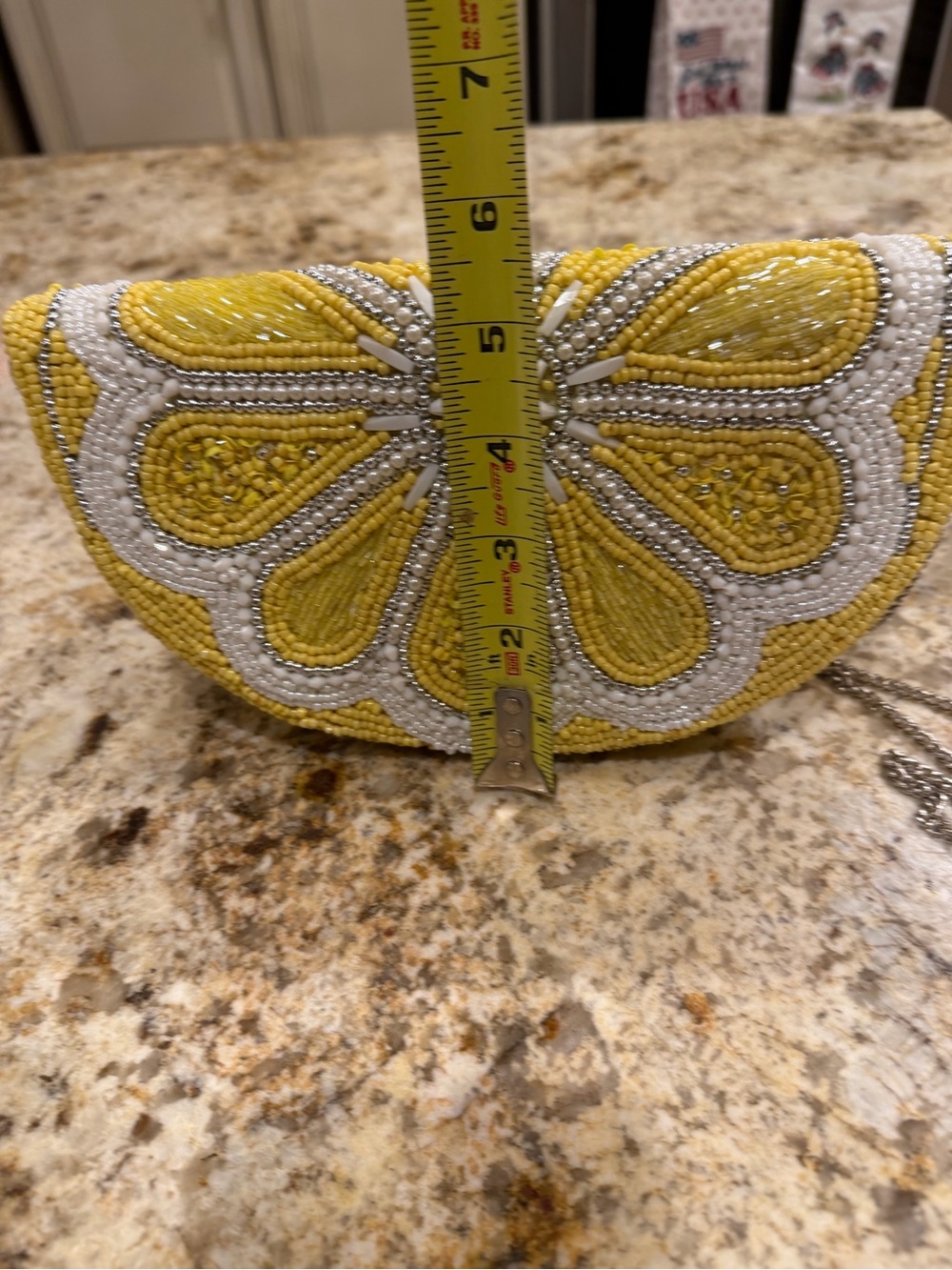 Elegant Beaded Floral/Lemon Slice Evening Clutch w/ Crossbody Chain - Picture 8 of 9